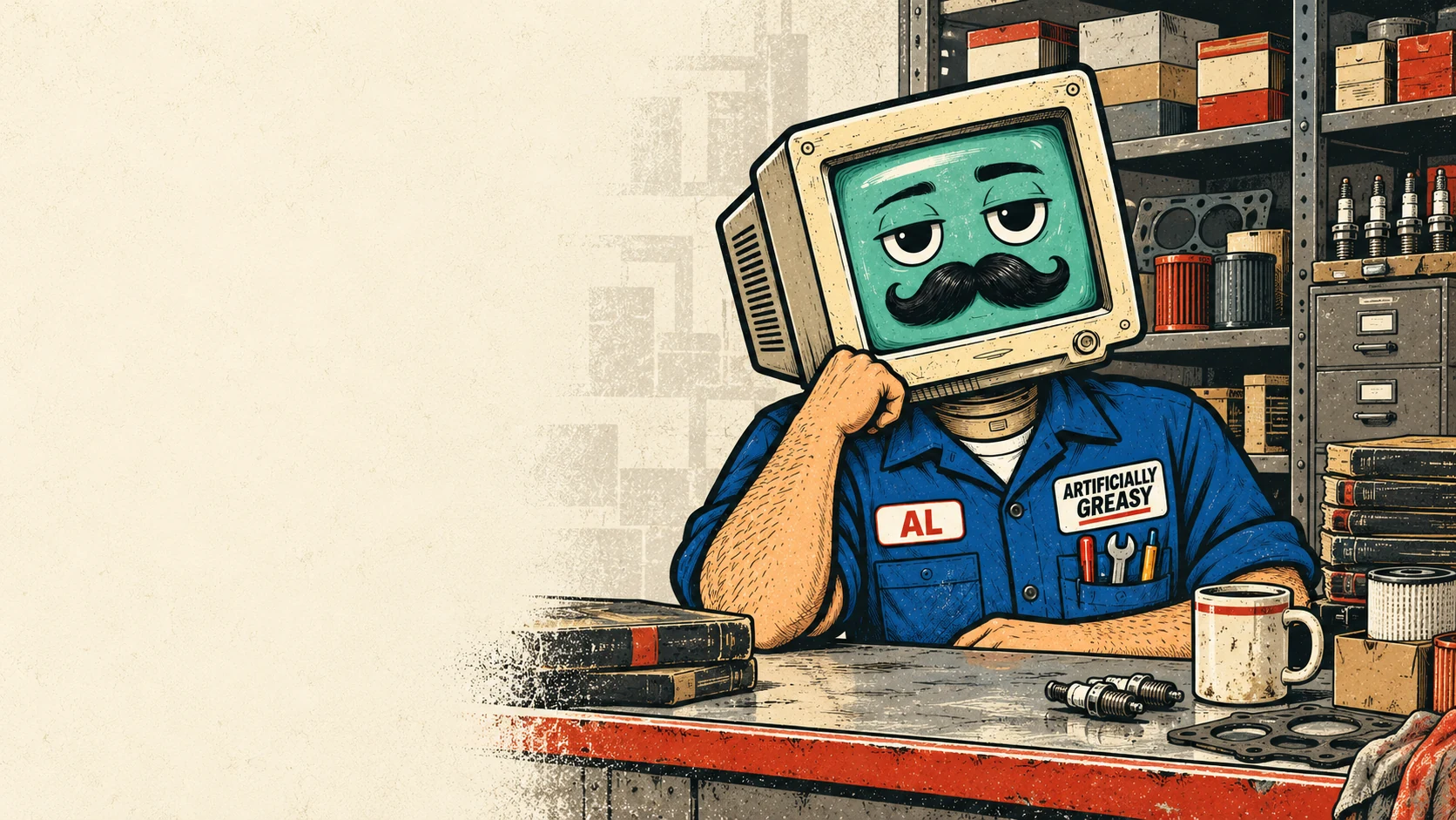 Al the Parts Guy, a mustached mechanic with a CRT-monitor head, leaning on the parts counter surrounded by shelves of filters, gaskets and spark plugs